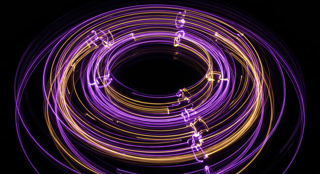 HDR photography of an optical gyroscope measuring rotation in glowing neon abstract circular paths
