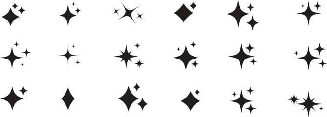 Fototapeta premium Sparkle star icons set, black twinkling glitter shapes, 18 decorative shining starburst elements in EPS format, minimalist magic glow symbols
