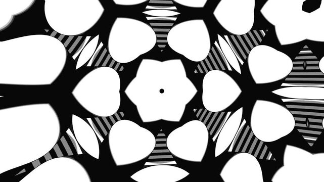 Abstract Grayscale Mosaic Kaleidoscope with Black and White Geometric Shapes and Playful Cartoon Style Motion