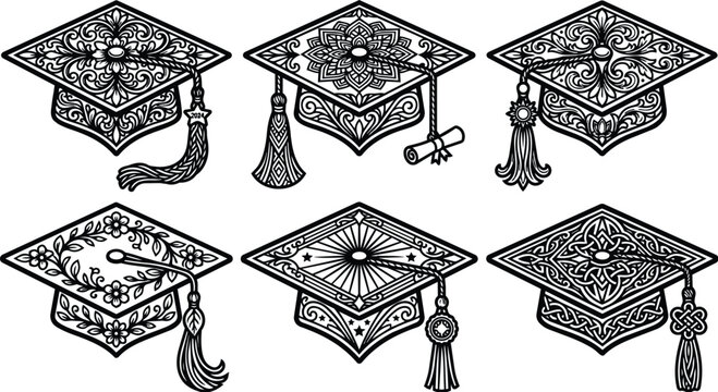 Intricate black and white vector graduation cap set with tassels and floral patterns