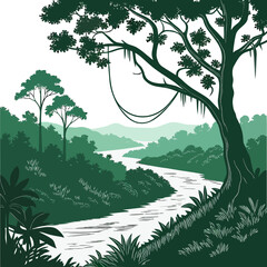 Serene tropical river winding through a dense green jungle with hanging vines, large trees, and lush vegetation under a clear sky ©  AMINA 1122