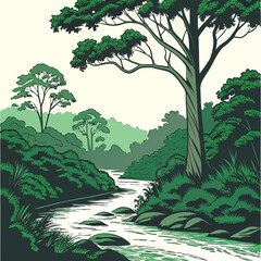Tranquil river flowing over rocks through a lush green jungle with large trees, hanging vines, and dense tropical vegetation ©  AMINA 1122