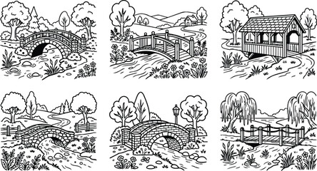 Naklejka premium Line art landscape with bridges and gazebo in a black and white park scene