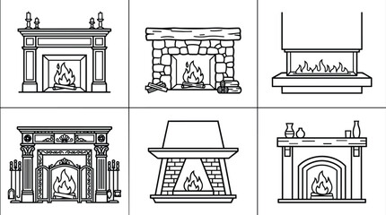 Fototapeta premium Vector line art set of six fireplace designs in black and white