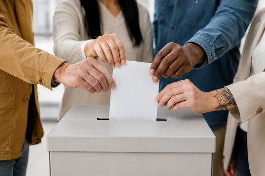 Hands depositing a white ballot into a gray ballot box representing civic duty and democratic processes voting election democracy engagement