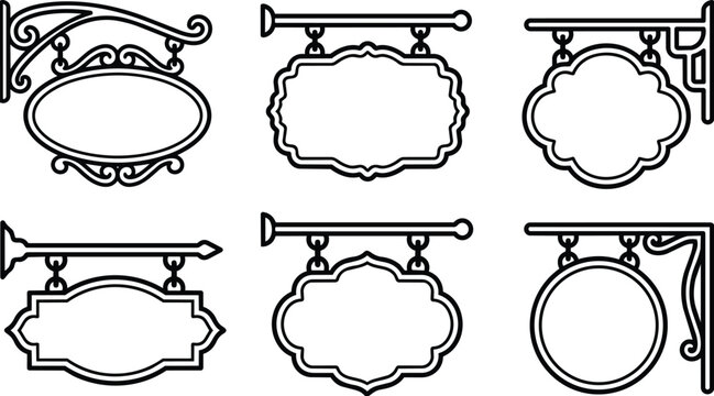 Ornate hanging signboard vector set with decorative frames and brackets for storefront signage