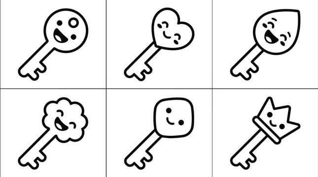 Vector line art keys with smiling shapes in a 3x2 grid arrangement