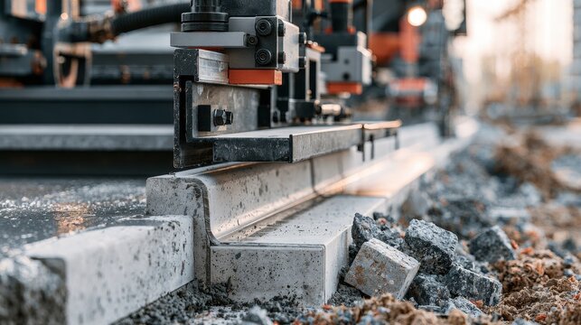 Close-up of heavy machinery installing concrete railway sleeper on railroad tracks with rubble and gravel surrounding construction site during industrial railroad building