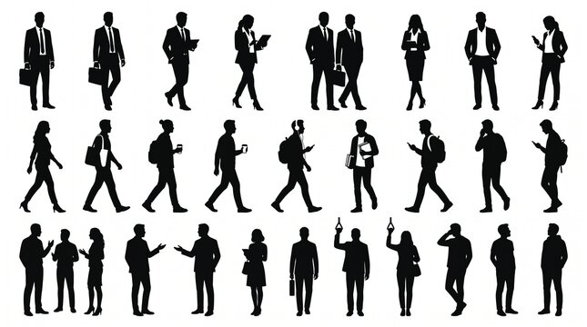 A premium collection of diverse human silhouette vector figures featuring men and women in realistic standing, walking, and casual poses. The set includes a wide variety of business professionals, ped
