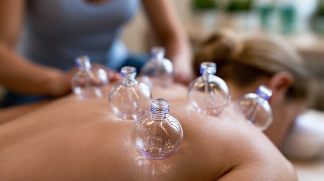 Therapeutic cupping treatment with glass suction cups on bare back of person lying face down in spa or wellness center for pain relief and relaxation