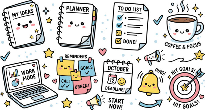 Planner accessories and work gadgets featuring cute kawaii faces encourage productivity and goal setting.