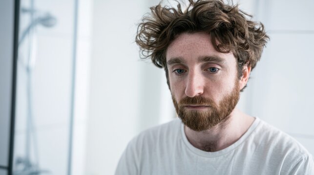 Close-up of thoughtful young man with curly hair and beard wearing white t-shirt looking downward with serious expression in bright minimalist indoor setting