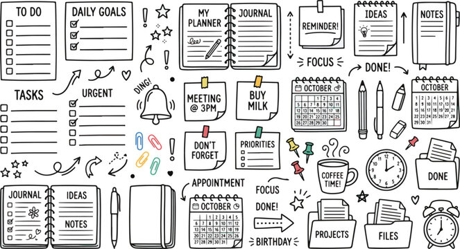 Office icons display a curated collection of planning journals, sticky notes, and filing supplies intended to support effective time management and systematic project documentation.
