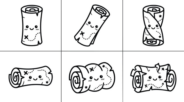 Six cartoon towels with smiling faces in a 3x2 grid, line art vector
