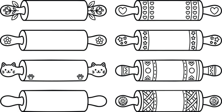 Decorative rolling pins with cat motifs and heart patterns in line art vector illustration