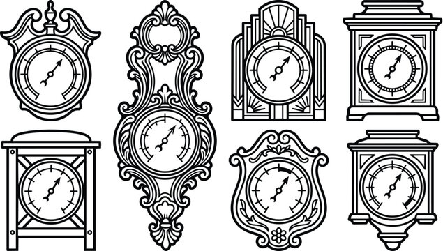 Ornate line art clocks collection in vector style with vintage mantel and wall clocks