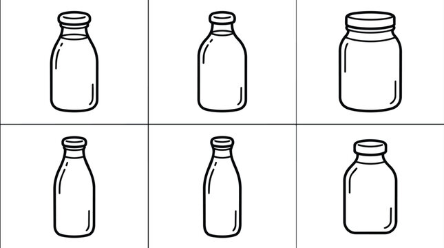 Line art grid of bottle icons in black and white vector design