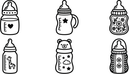 Obraz premium Line art collection of baby bottles with cute designs for nursery decor