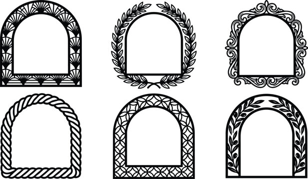 Ornate arch frame vector set with decorative patterns and interlaced borders, multiple styles for design projects