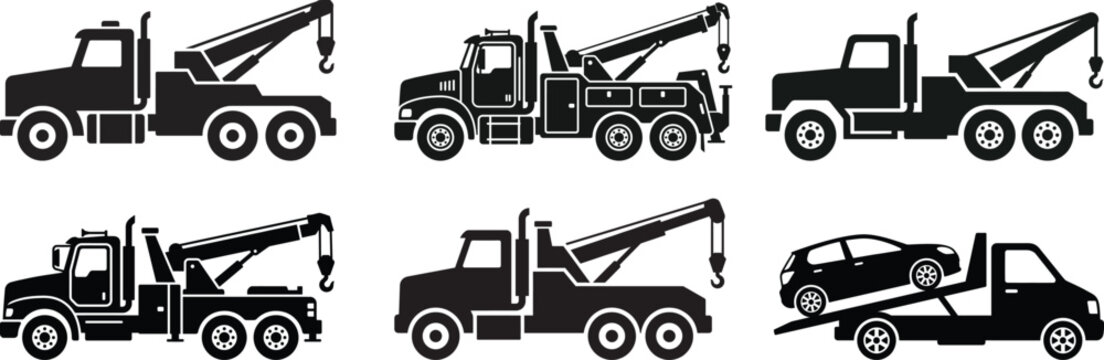 Wrecker Tow Truck Silhouette Collection For Roadside Assistance Vehicle Emergency And Car Recovery