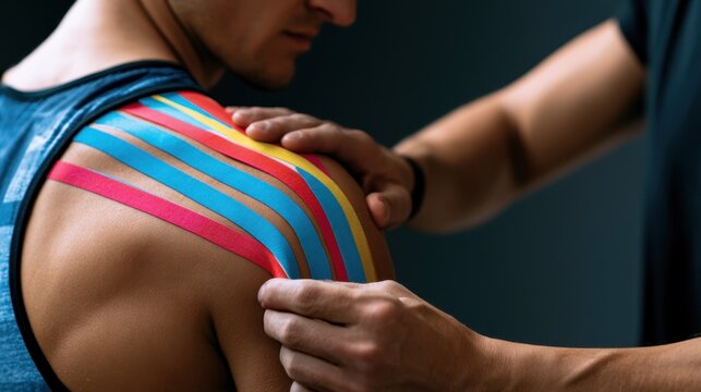 Close-up view of therapist applying colorful kinesiology tape on athlete shoulder for muscle support and injury prevention in sports therapy session indoor