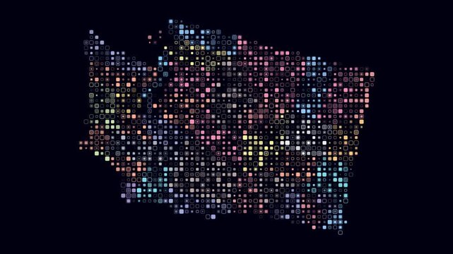 Washington animated shape. Pulsating colored dots on the map of the state. Small size rounded square blocks. Digital style Washington map on dark background. Amazing animation video.