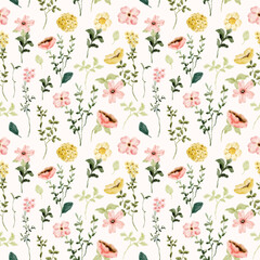 Fototapeta premium yellow pink wildflower watercolor seamless pattern