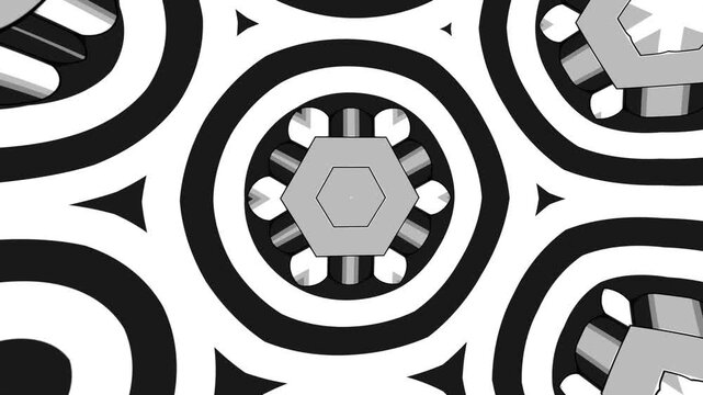 Monochrome Abstract Kaleidoscope Animation with Black and White Cartoon Geometric 3D Shapes for Modern Motion Design