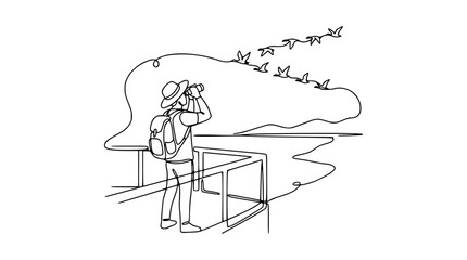 Birdwatcher with binoculars observes flying geese in a minimalist line art style. © yisun