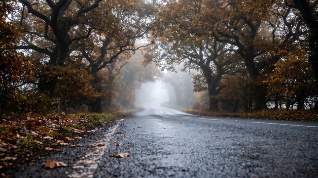 Atmospheric autumn forest road in thick fog, moody asphalt highway through orange oak trees, misty fall landscape with wet ground and fallen leaves