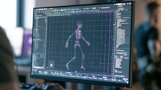 Computer screen showing digital wireframe model of human figure walking in motion capture animation software with detailed interface and timeline controls