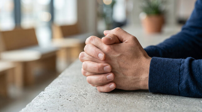 Close up of hands clasped resting on a stone surface indoors perfect for waiting patience and contemplative concepts