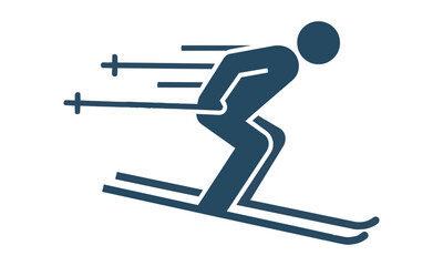 Fototapeta premium Minimalist pictogram of a skier in a dynamic downhill pose with sleek geometric skis on a pure white background, winter sport concept