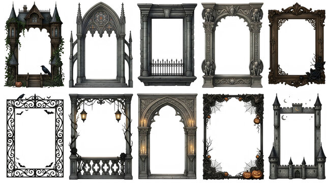 Set of ten gothic castle and architectural frames isolated on transparent background for fantasy design