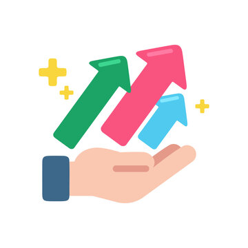 Hand holding vibrant upward arrows symbolizing financial growth, business progress, and market success