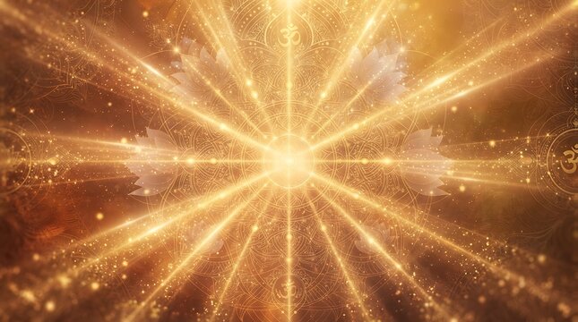 Abstract golden light radiating outwards with lotus and om symbols, representing spiritual awakening and divine energy