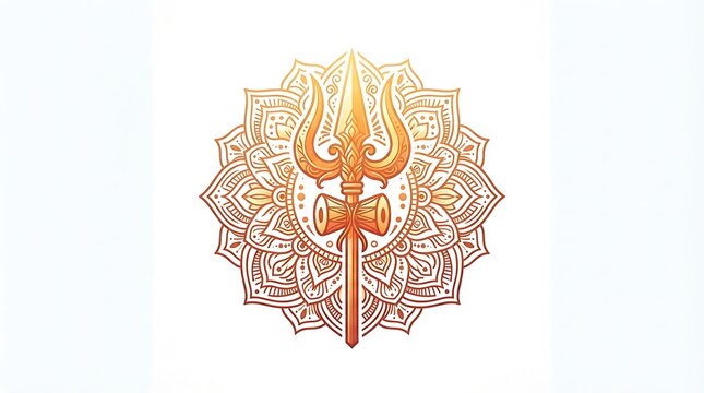 Golden trishula and damaru drum symbol on an intricate mandala background