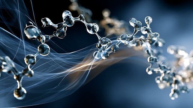 Peptide molecules hovering over a dark blue mesh background are tinted with soft blue and silver.