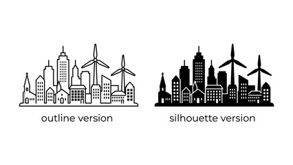 Obraz premium Sustainable Cityscape Icons: A graphic representation showcasing the fusion of modern urban architecture with renewable energy sources, presented in both outline and silhouette styles.