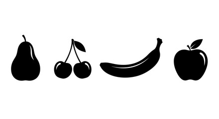 Black silhouettes of various fruits on white background with apple arranged horizontally silhouettes pear cherries cherries banana illustration © Nimay