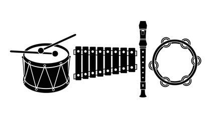 Black and white illustration of musical instruments with illustration drum xylophone xylophone flute tambourine percussion rhythm melody with wind © Nimay