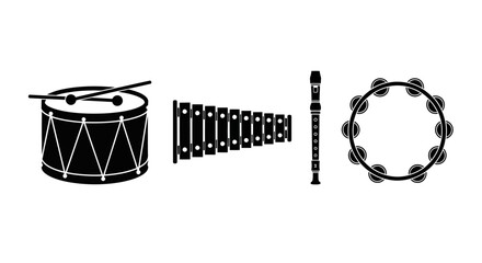 Black and white illustration of various musical instruments with illustration drum xylophone xylophone flute tambourine percussion strings with harmony © Nimay