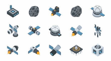 Flat vector icons of satellites and space technology devices. © Dani