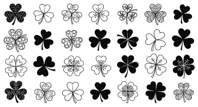 Decorative four leaf clover vector collection featuring black and white hand drawn zentangle style patterns on white background with displays diverse collection