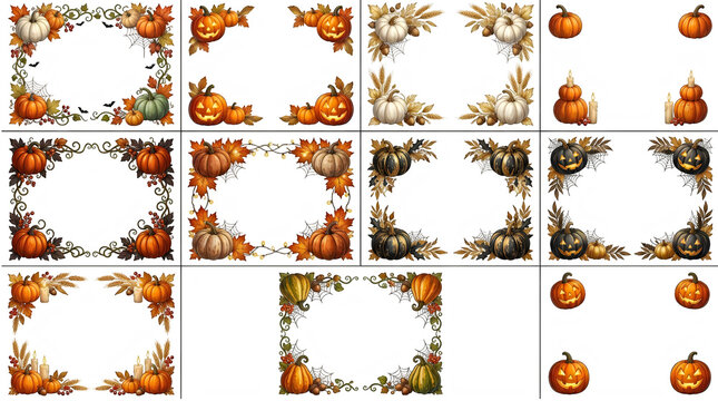 Set of festive Halloween pumpkin borders and corner frames with autumn leaves and spider webs isolated on a transparent background for seasonal designs