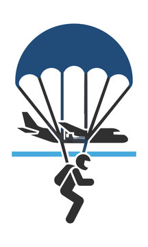 Skydiver with an open circular parachute below a stylized cargo plane, rendered in a minimalist flat silhouette style. Adventure sport concept