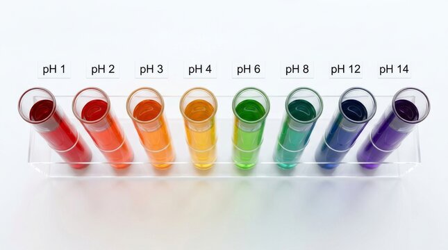 PH test strips showing full color spectrum results. Universal indicator paper displaying acid to alkaline scale for precise chemical analysis.