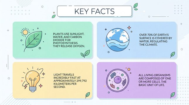 Educational infographic featuring four distinct scientific facts presented with colorful minimalist icons in a clean grid layout for learning with cell biology using colorful icons