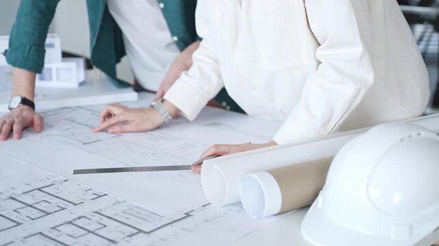 Architects discussing apartment building blueprint at office desk, using drafting tools for new architectural project design. Architecture and business concept