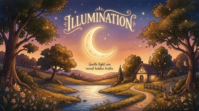 Whimsical night landscape with crescent moon, stars, cozy cottage, and serene lake, symbolizing illumination and hidden truths.